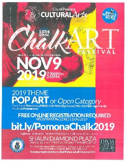 The dull gray concrete sidewalks and plaza tiles are transformed into colorful, pastel pathways. Pomona’s elementary, middle, and high school students, as well as families and professional artists, will join together to create temporary chalk masterpieces.